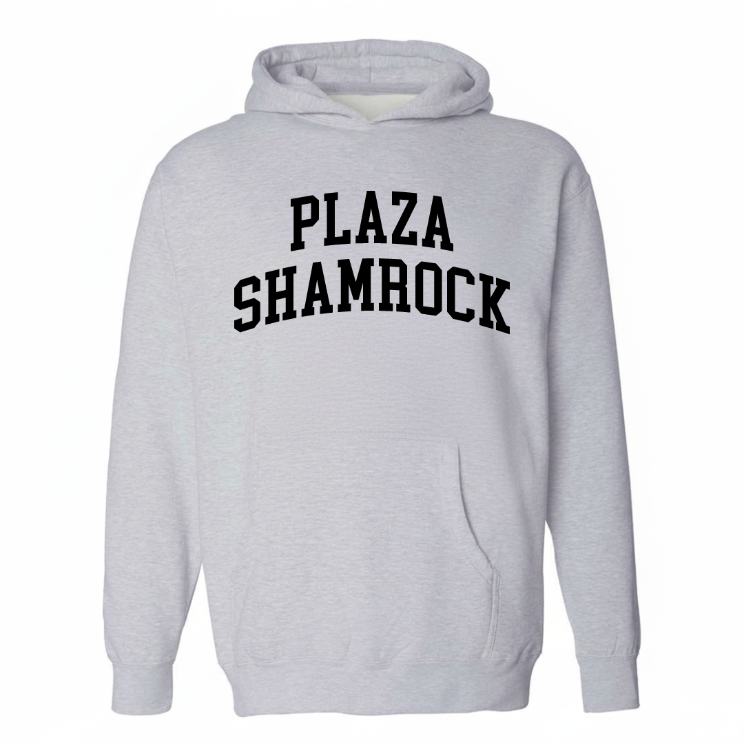 Heather-gray hoodie with the Plaza Shamrock arched lettering design on the chest.