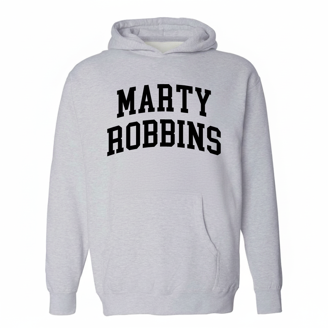 Heather-gray hoodie with the Marty Robbins arched lettering design on the chest.