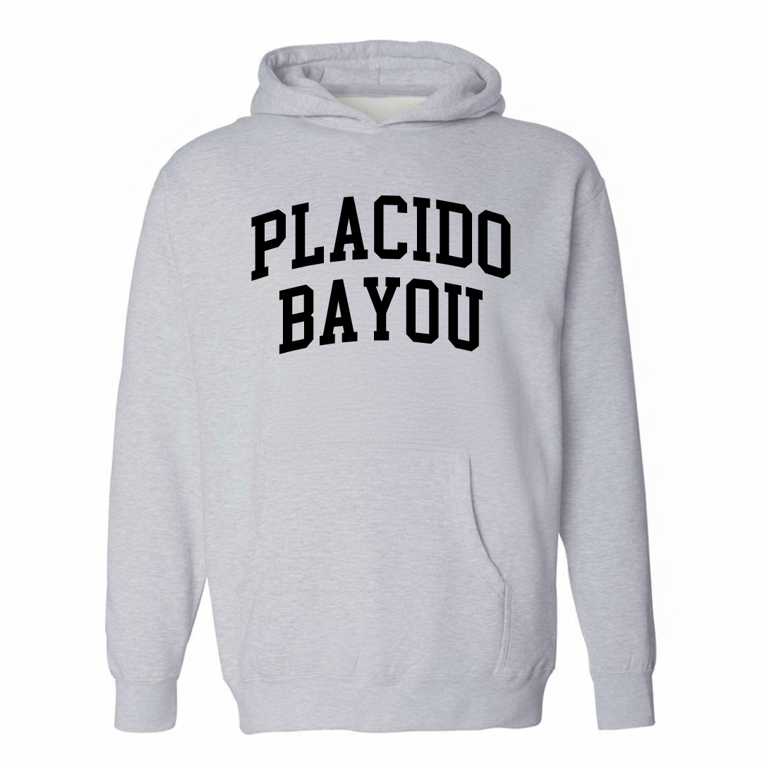 Heather-gray hoodie with the Placido Bayou varsity arched lettering design on the chest.