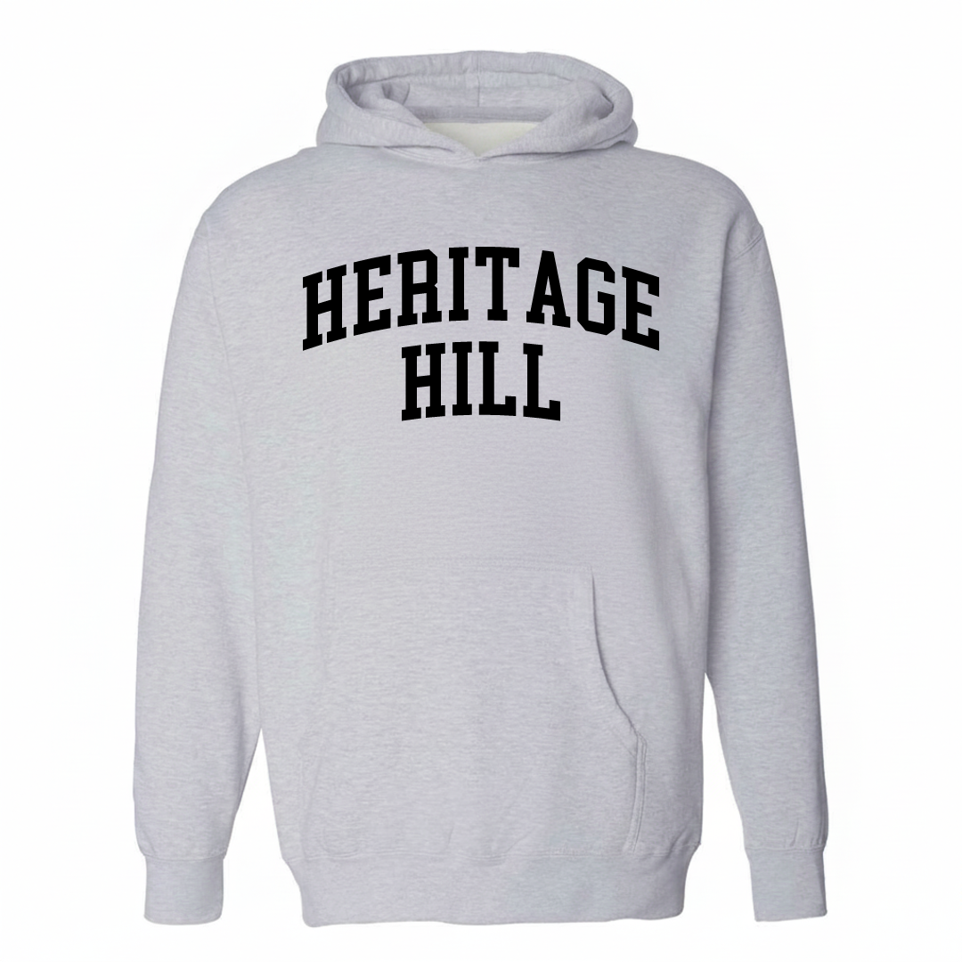 Heather-gray hoodie with the Heritage Hill arched lettering varsity-collegiate design on the chest.