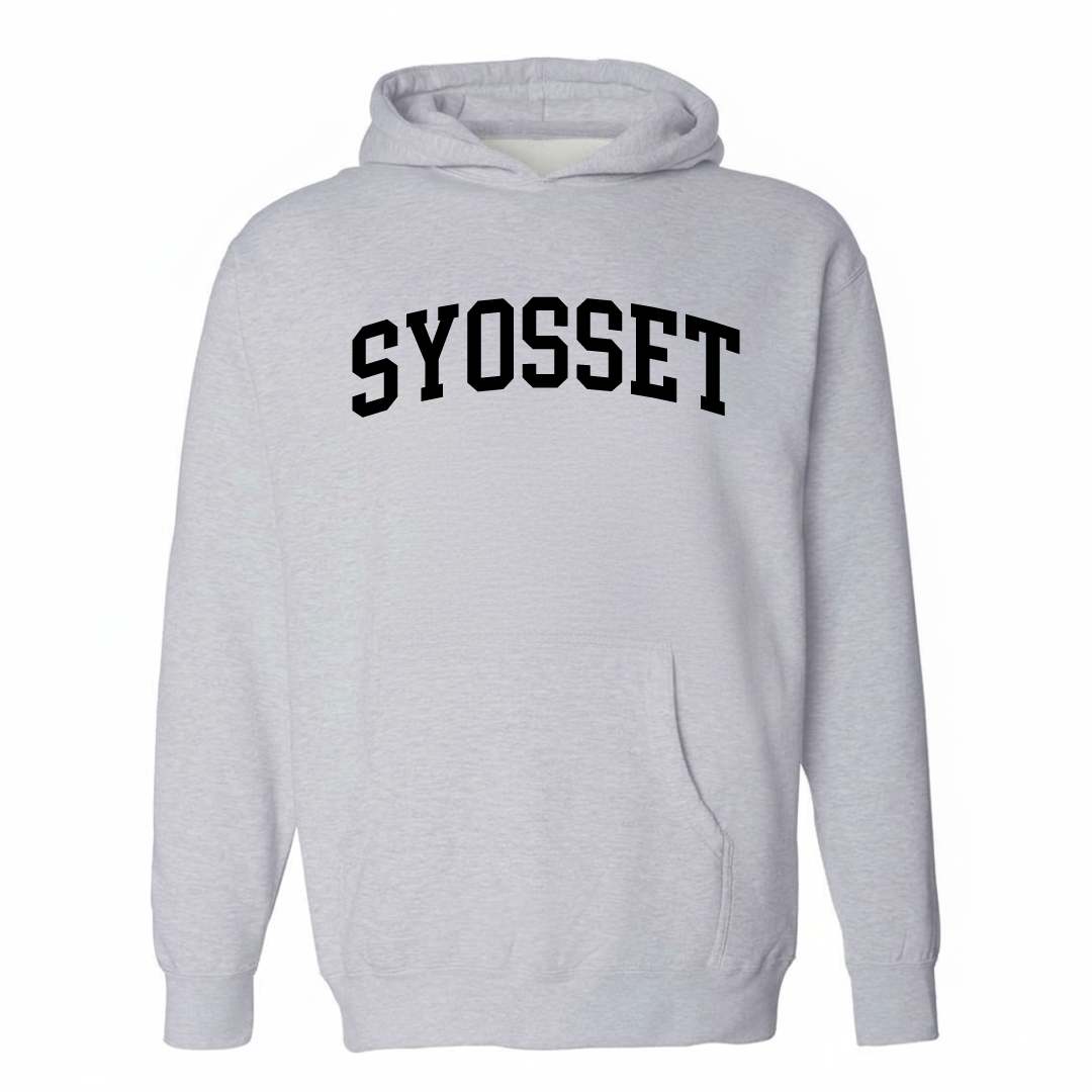 Heather-gray hoodie with the Syosset arched varsity lettering design on the chest.