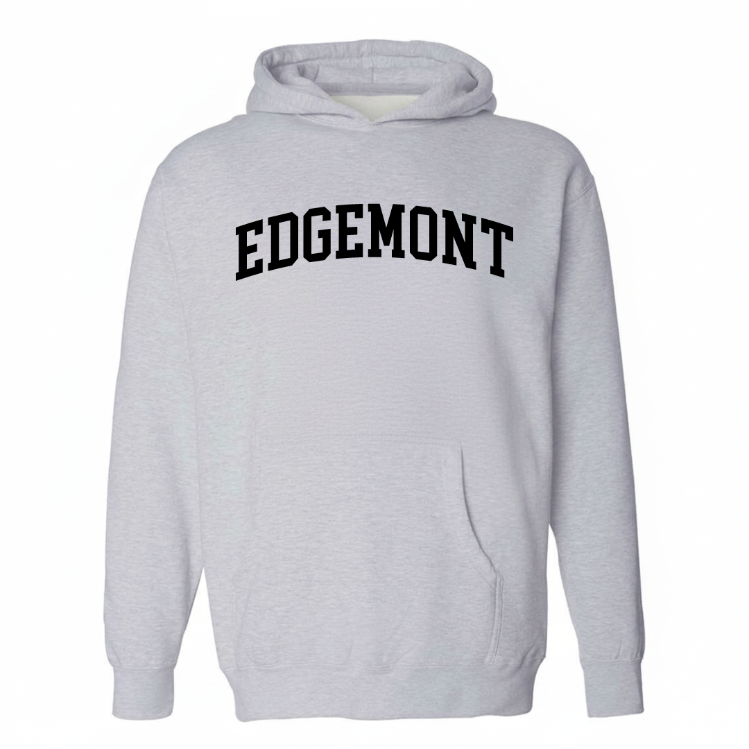 Heather-gray hoodie with the Edgemont arched lettering design on the chest.