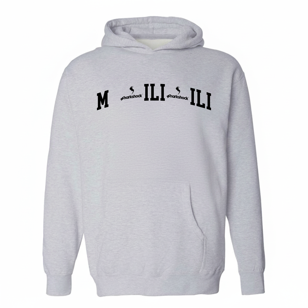 Heather-gray hoodie with the Mōʻiliʻili varsity arched lettering design on the chest.