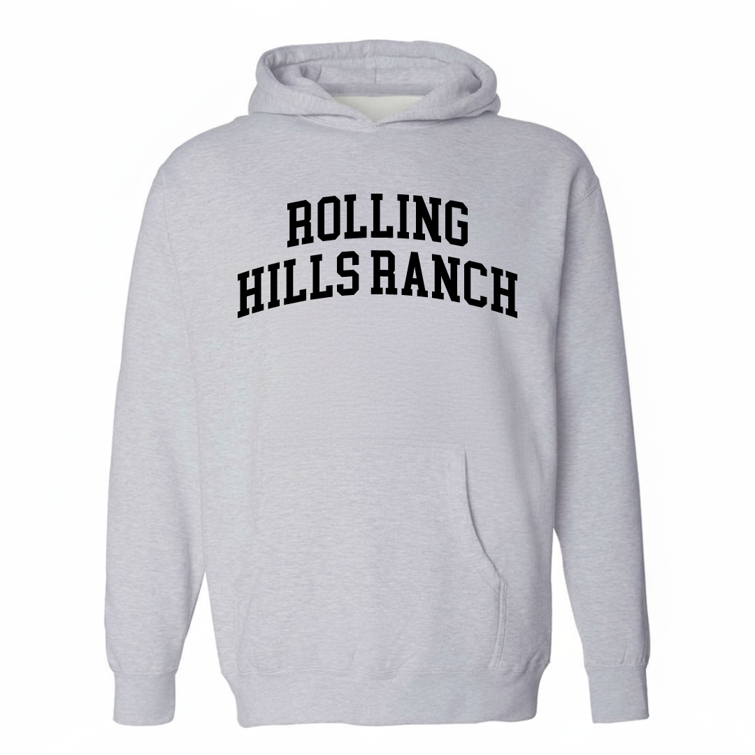 Heather-gray hoodie with the Rolling Hills Ranch varsity arched lettering design on the chest.