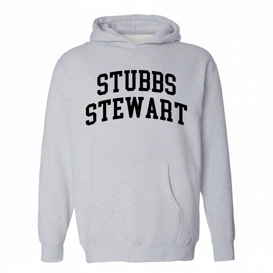 Heather-gray hoodie with the Stubbs-Stewart varsity arched lettering design on the chest.