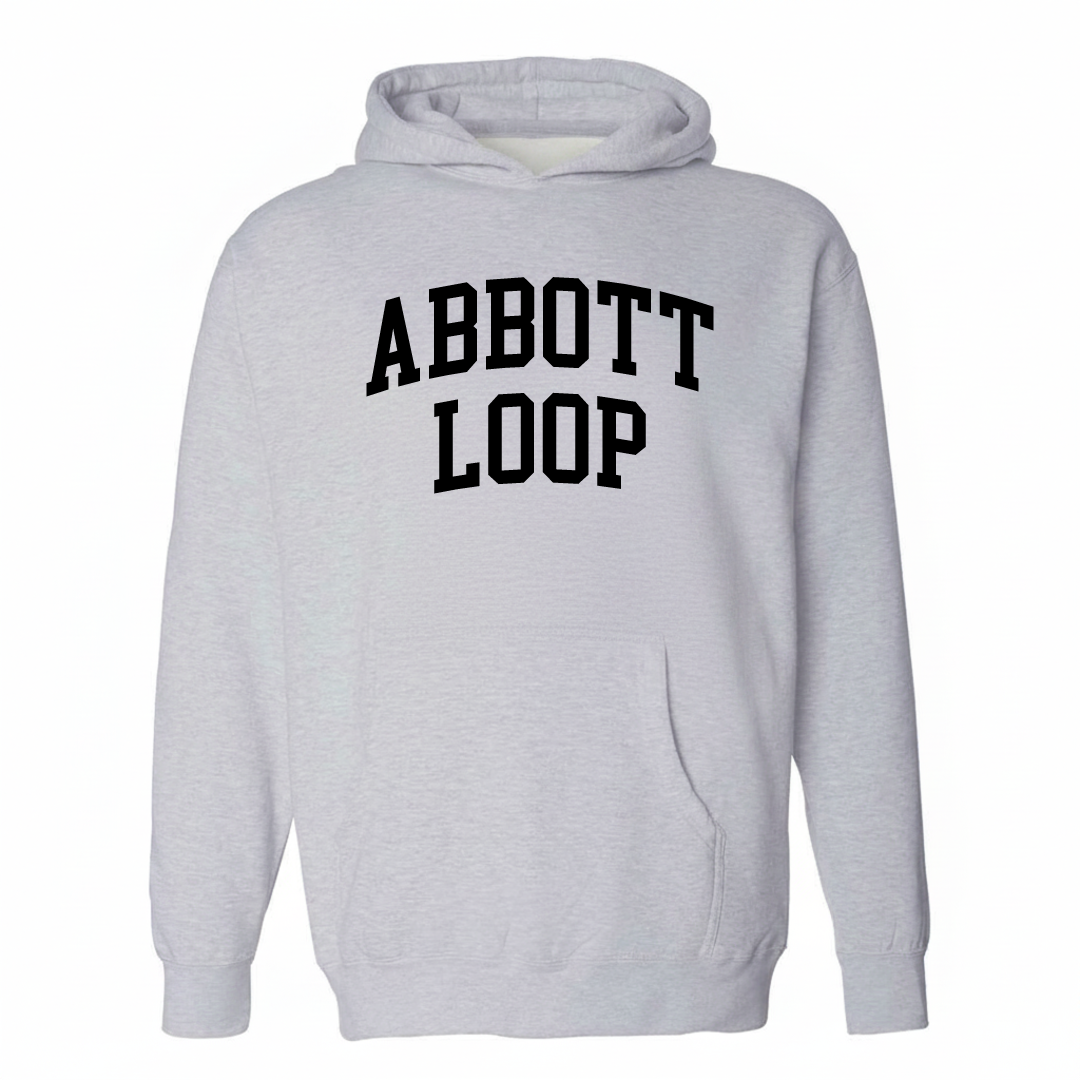 Heather-gray hoodie with the Abbott Loop arched lettering varsity-collegiate design on the chest.
