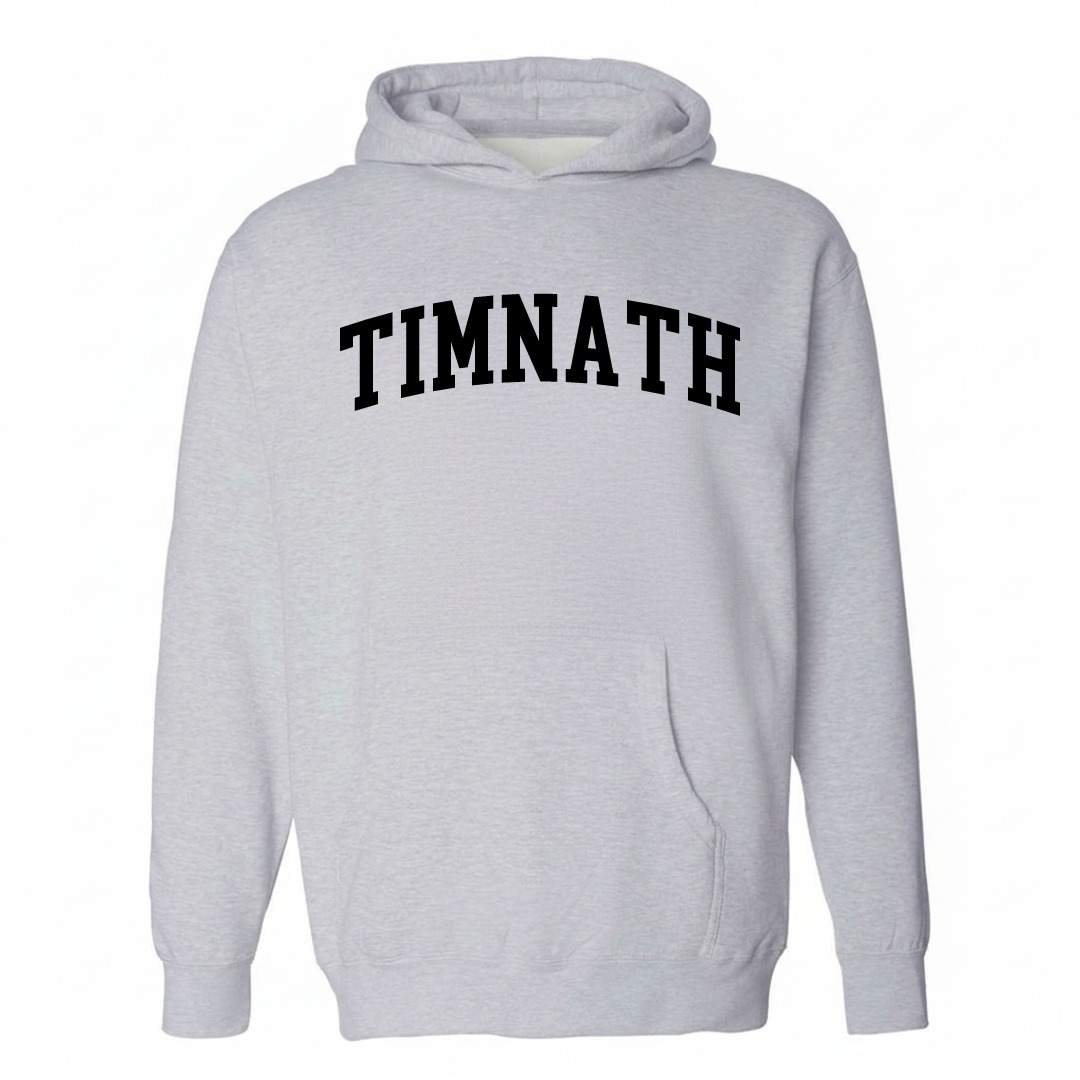 Heather-gray hoodie with the Timnath varsity arched lettering design on the chest.