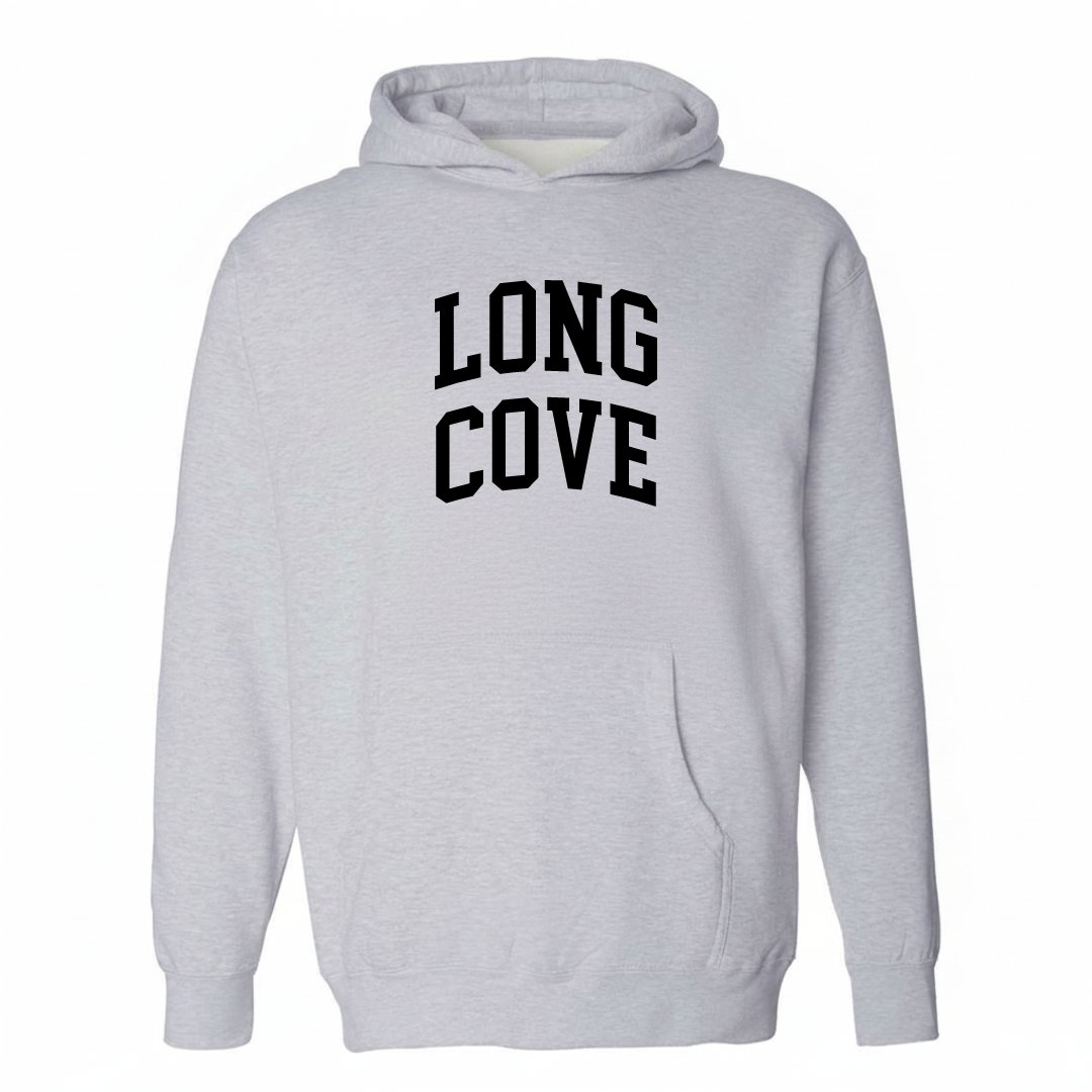 Heather-gray hoodie with the Long Cove varsity arched lettering design on the chest.