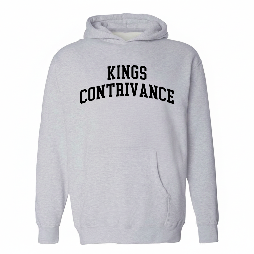 Heather-gray hoodie with the Kings Contrivance varsity arched lettering design on the chest.