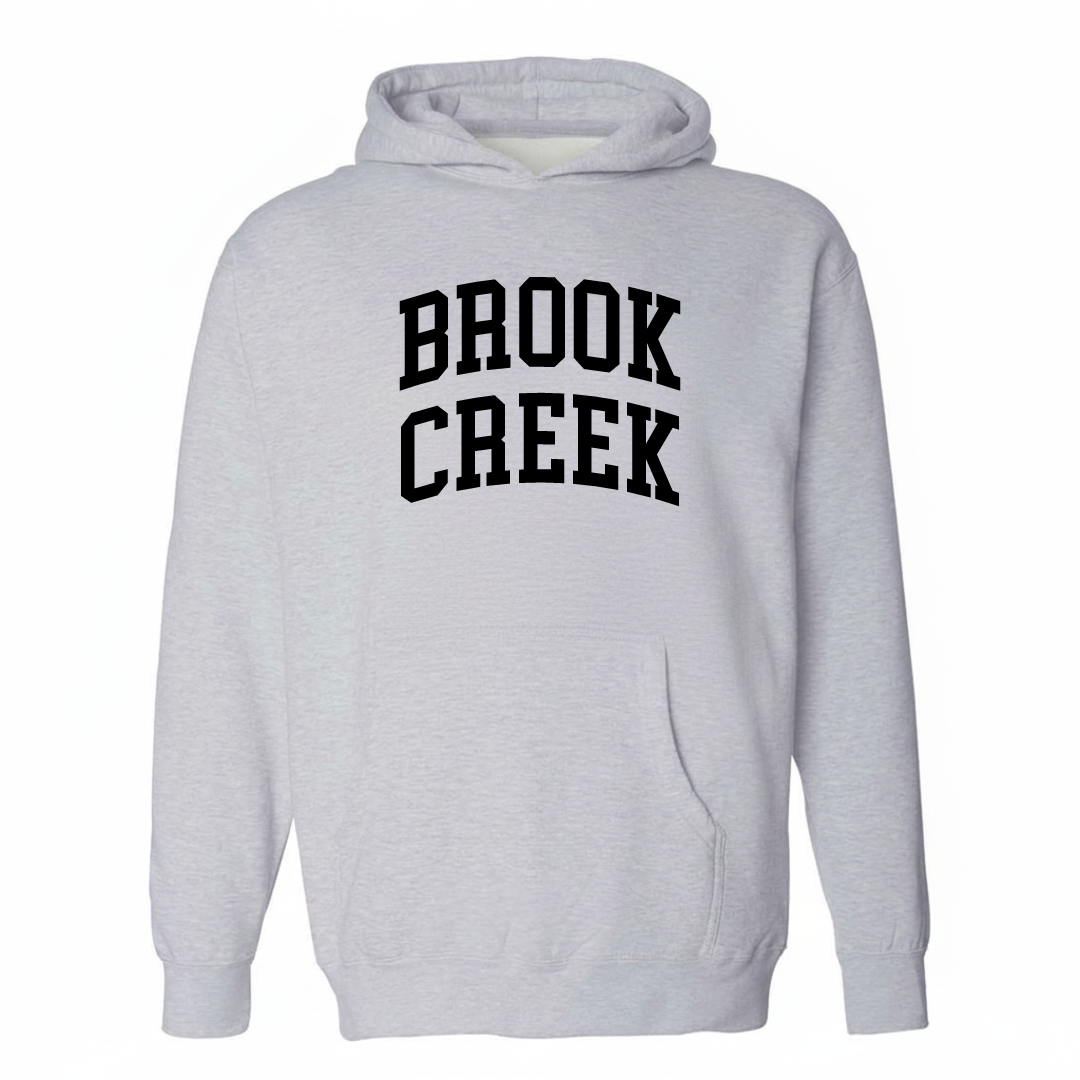 Heather-gray hoodie with the Brook Creek varsity arched lettering design on the chest.