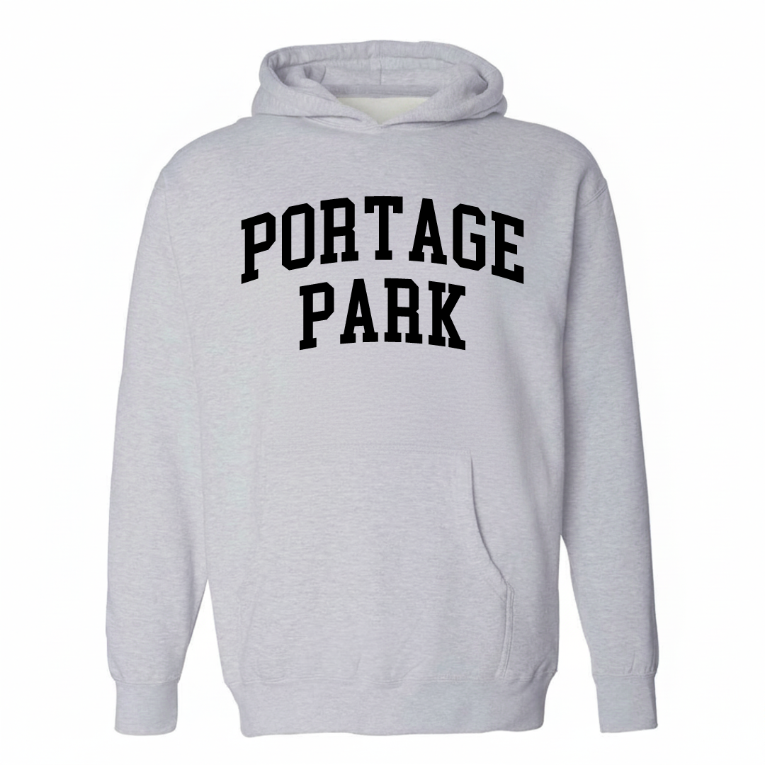 Heather-gray hoodie with the Portage Park varsity arched lettering design on the chest.