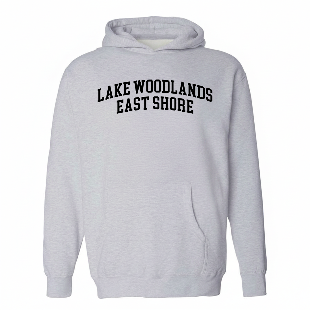 Heather-gray hoodie with the Lake Woodlands East Shore varsity arched lettering design on the chest.