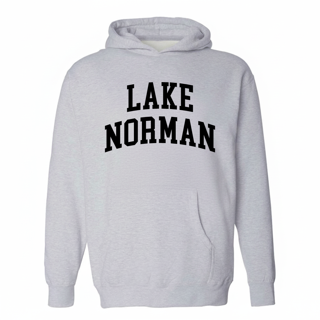 Heather-gray hoodie with the Lake Norman varsity arched lettering design on the chest.