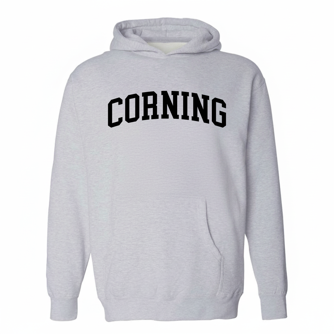 Heather-gray hoodie with the Corning NY varsity arched lettering design on the chest.