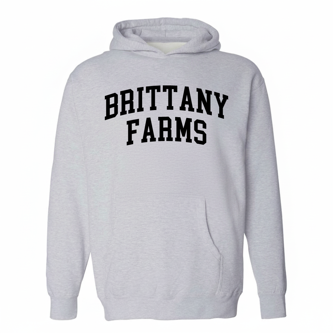 Heather-gray hoodie with the Brittany Farms varsity arched lettering design on the chest.