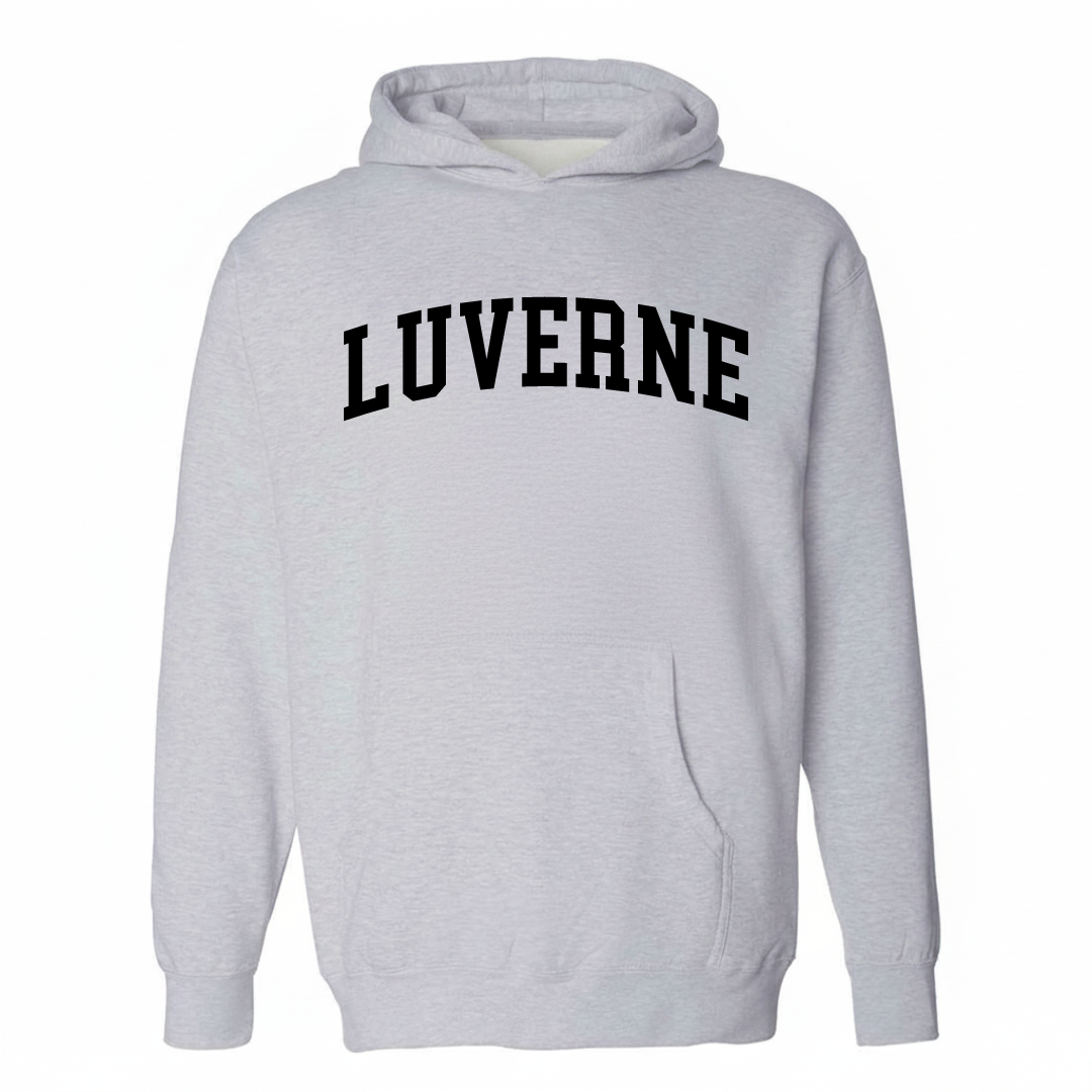 Heather-gray hoodie with the Luverne varsity arched lettering design on the chest.