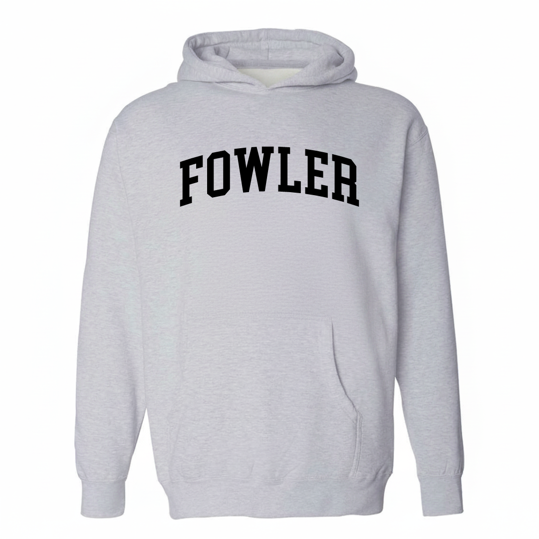 Heather-gray hoodie with the Fowler varsity arched lettering design on the chest.