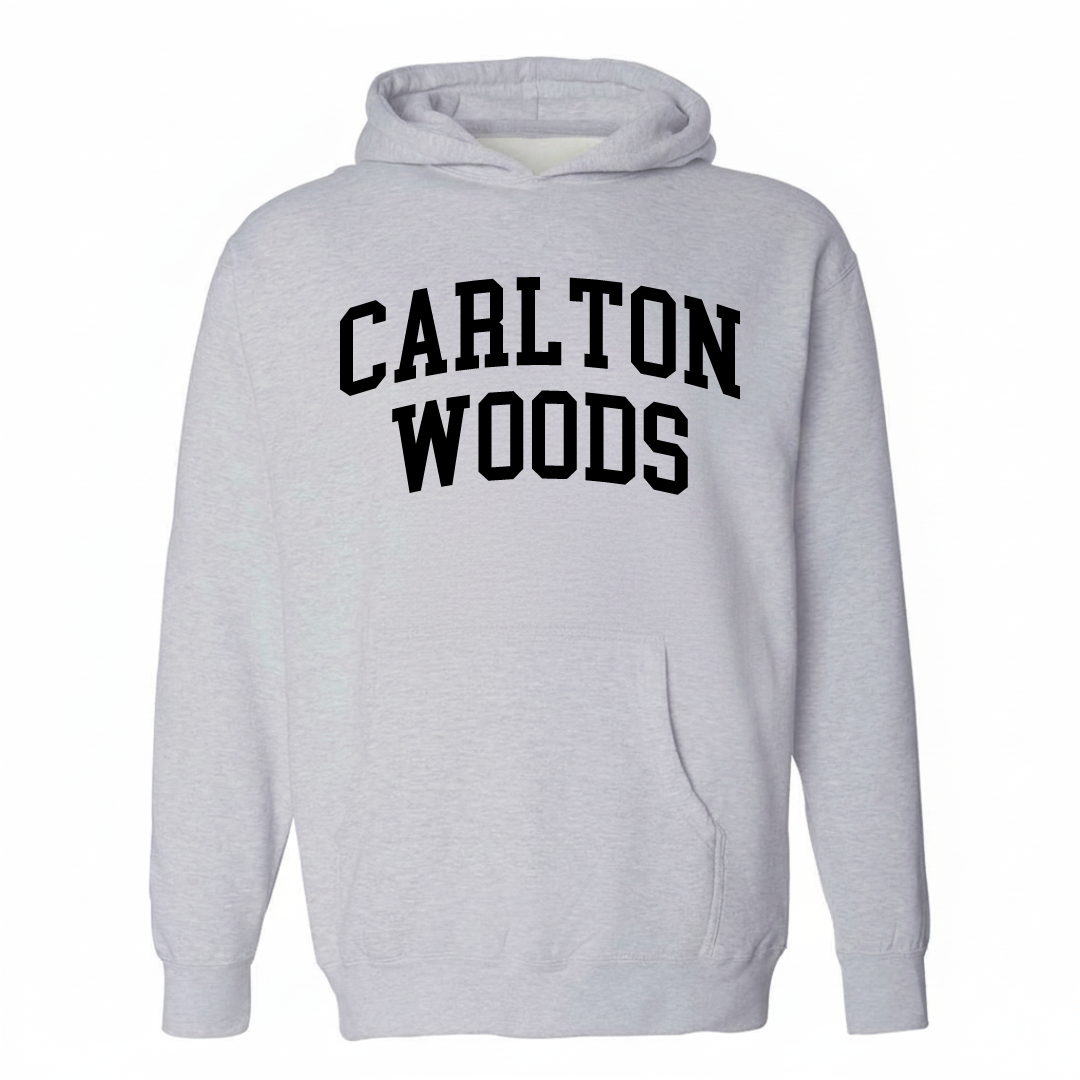 Heather-gray hoodie with the Carlton Woods arched varsity lettering design on the chest.