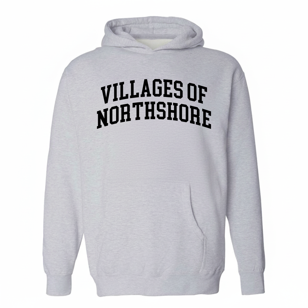 Heather-gray hoodie with the Villages of Northshore varsity arched lettering design on the chest.