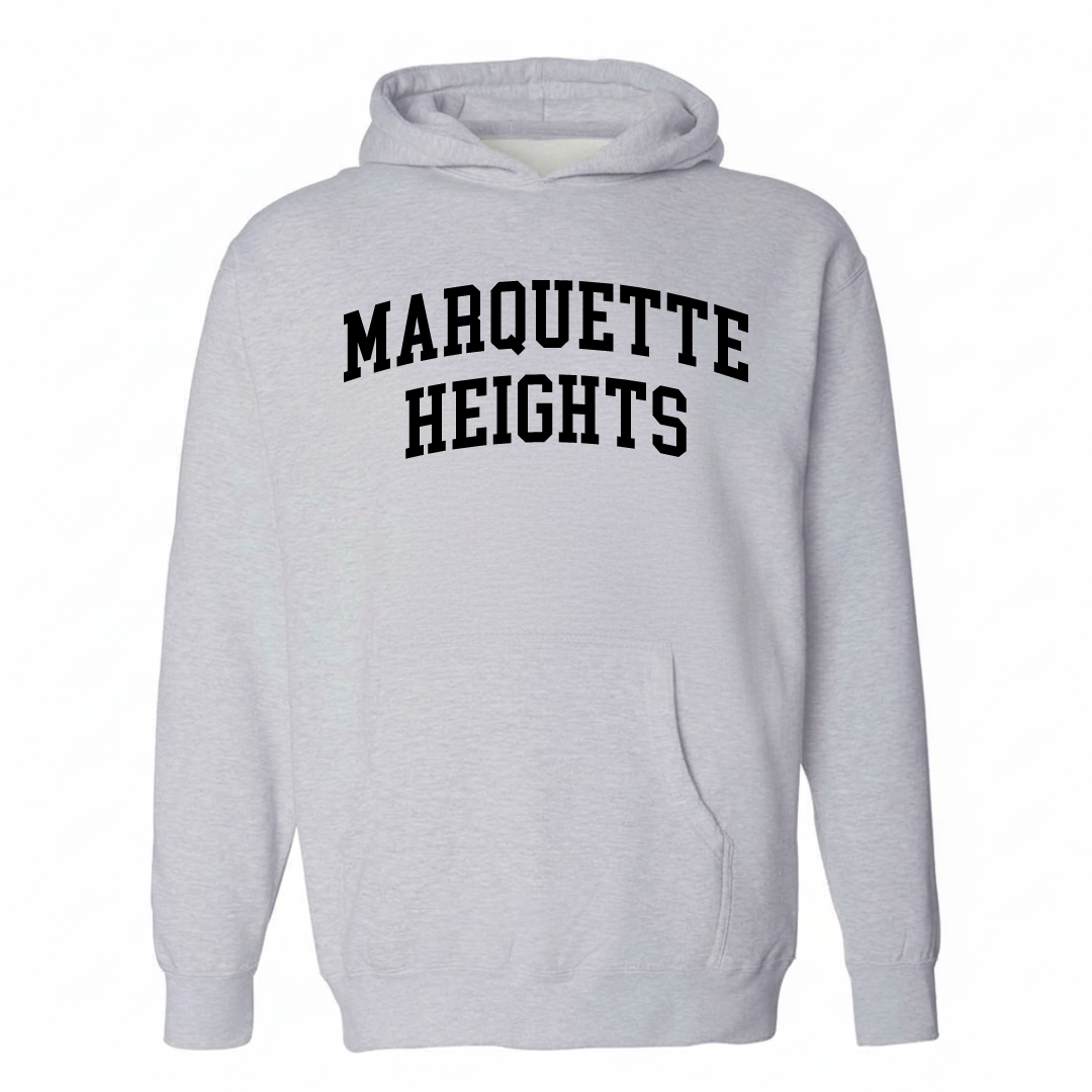 Heather-gray hoodie with the Marquette Heights varsity arched lettering design on the chest.
