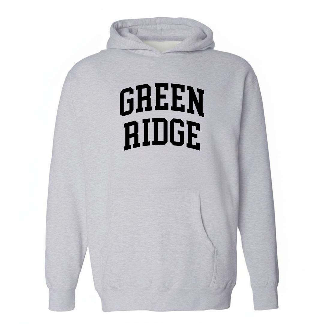 Heather-gray hoodie with the Green Ridge varsity arched lettering design on the chest.