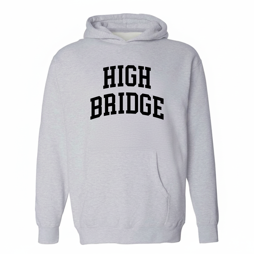 Heather-gray hoodie with the High Bridge arched varsity lettering design on the chest.