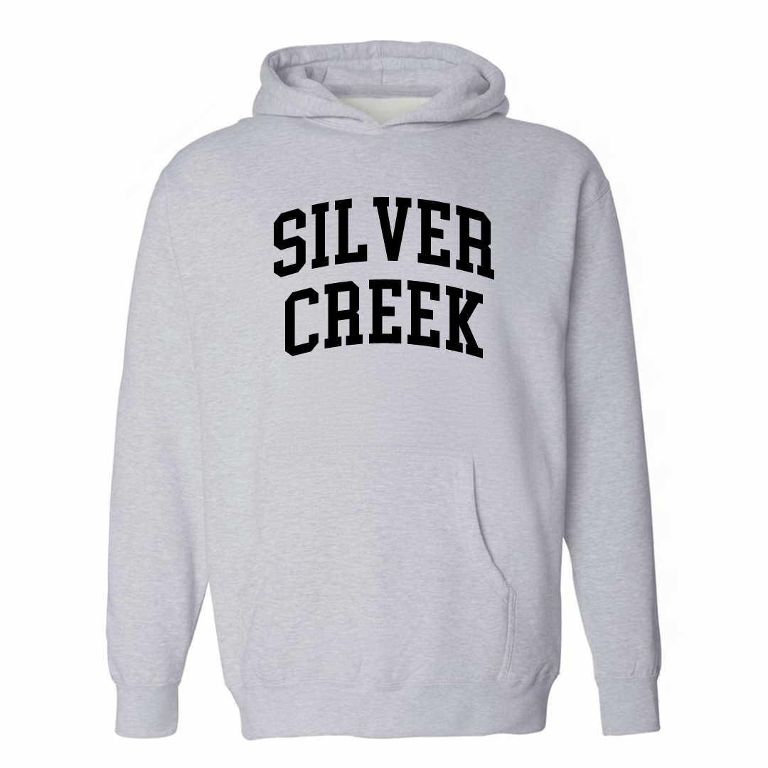 Heather-gray hoodie with the Silver Creek arched lettering design on the chest.