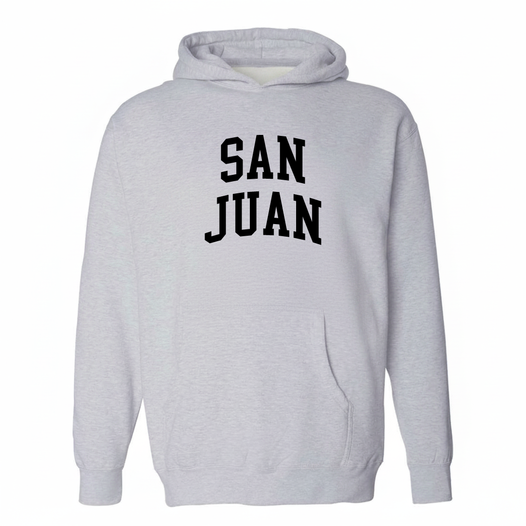 Heather-gray hoodie with the San Juan El Paso varsity arched lettering design on the chest.