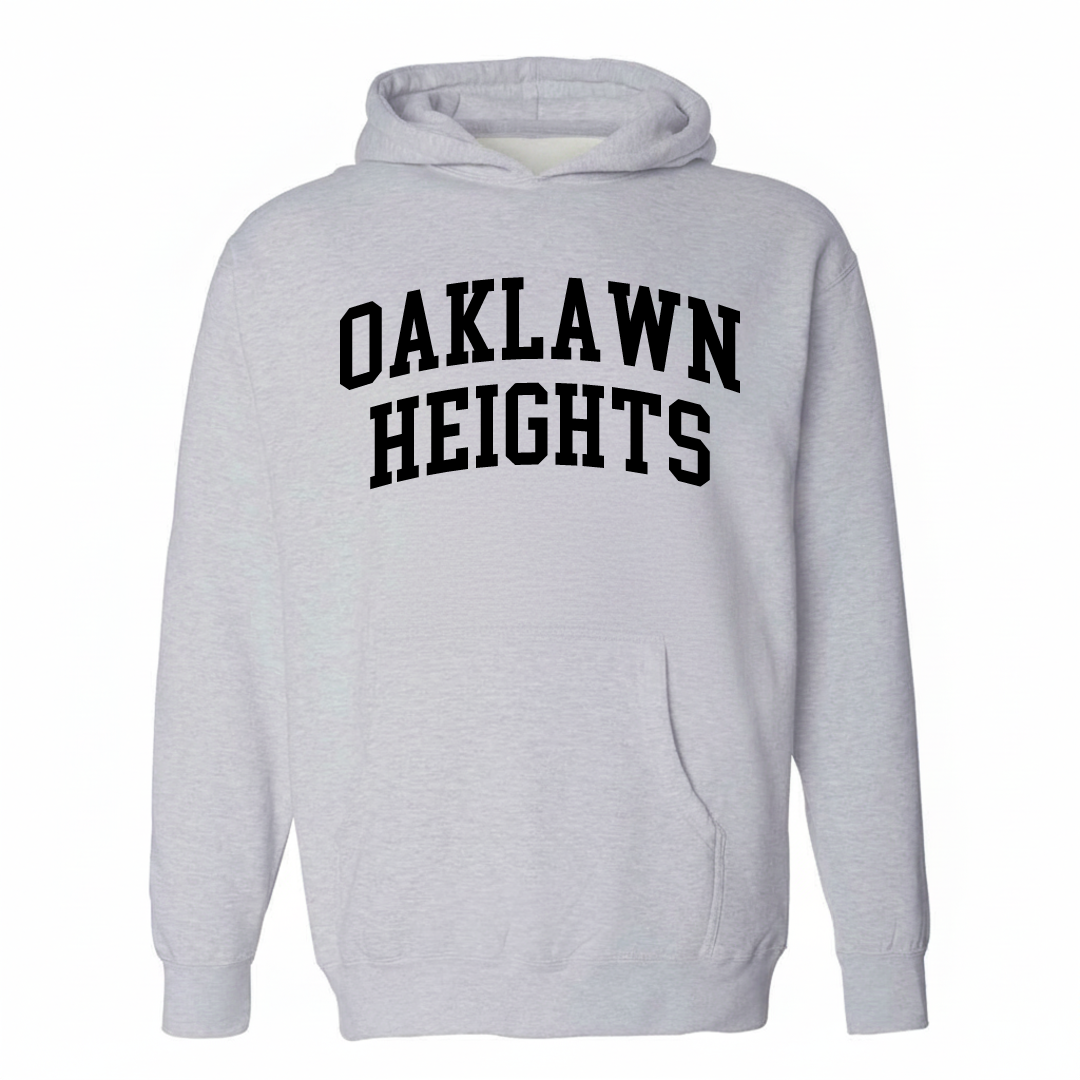 Heather-gray hoodie with the Oaklawn Heights arched lettering design on the chest.