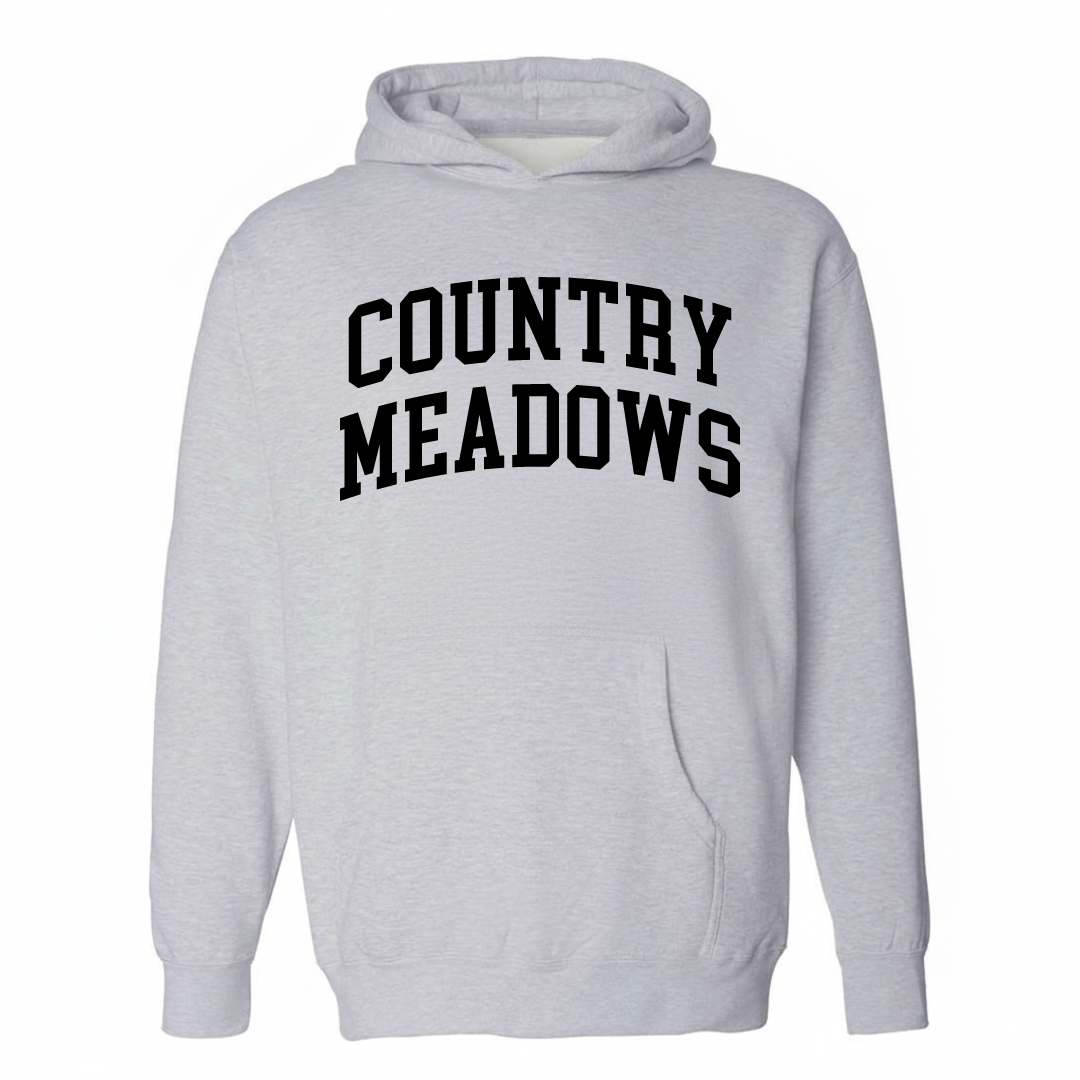 Heather-gray hoodie with the Country Meadows varsity arched lettering design on the chest.