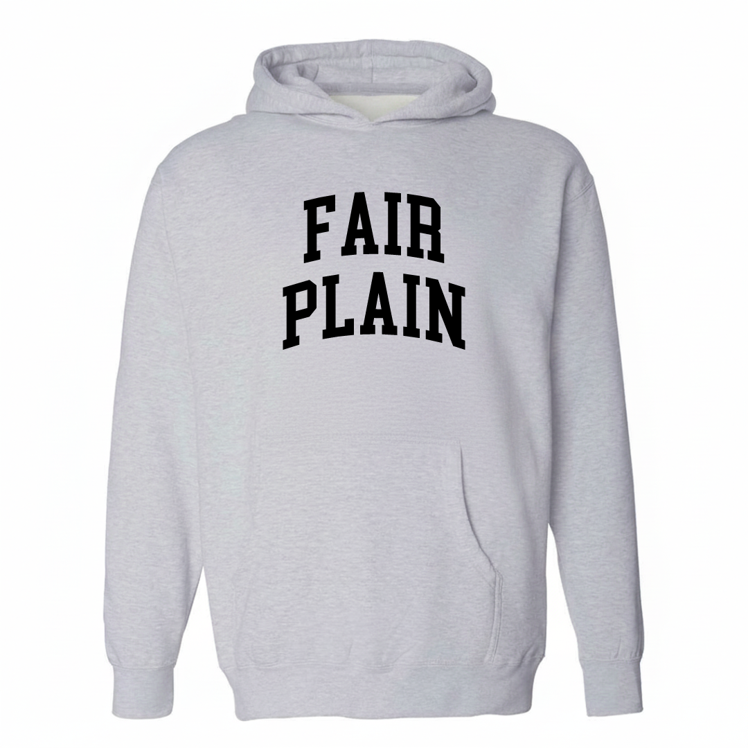 Heather-gray hoodie with the Fair Plain varsity arched lettering design on the chest.