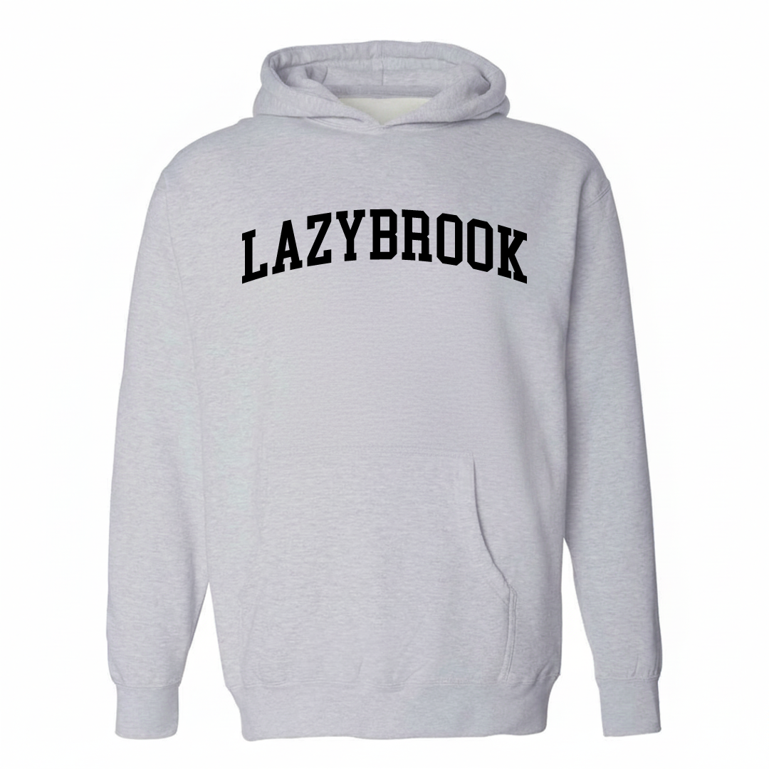 Heather-gray hoodie with the Lazybrook arched lettering design on the chest.