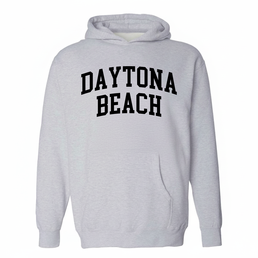 Heather-gray hoodie with the Daytona Beach varsity arched lettering design on the chest.