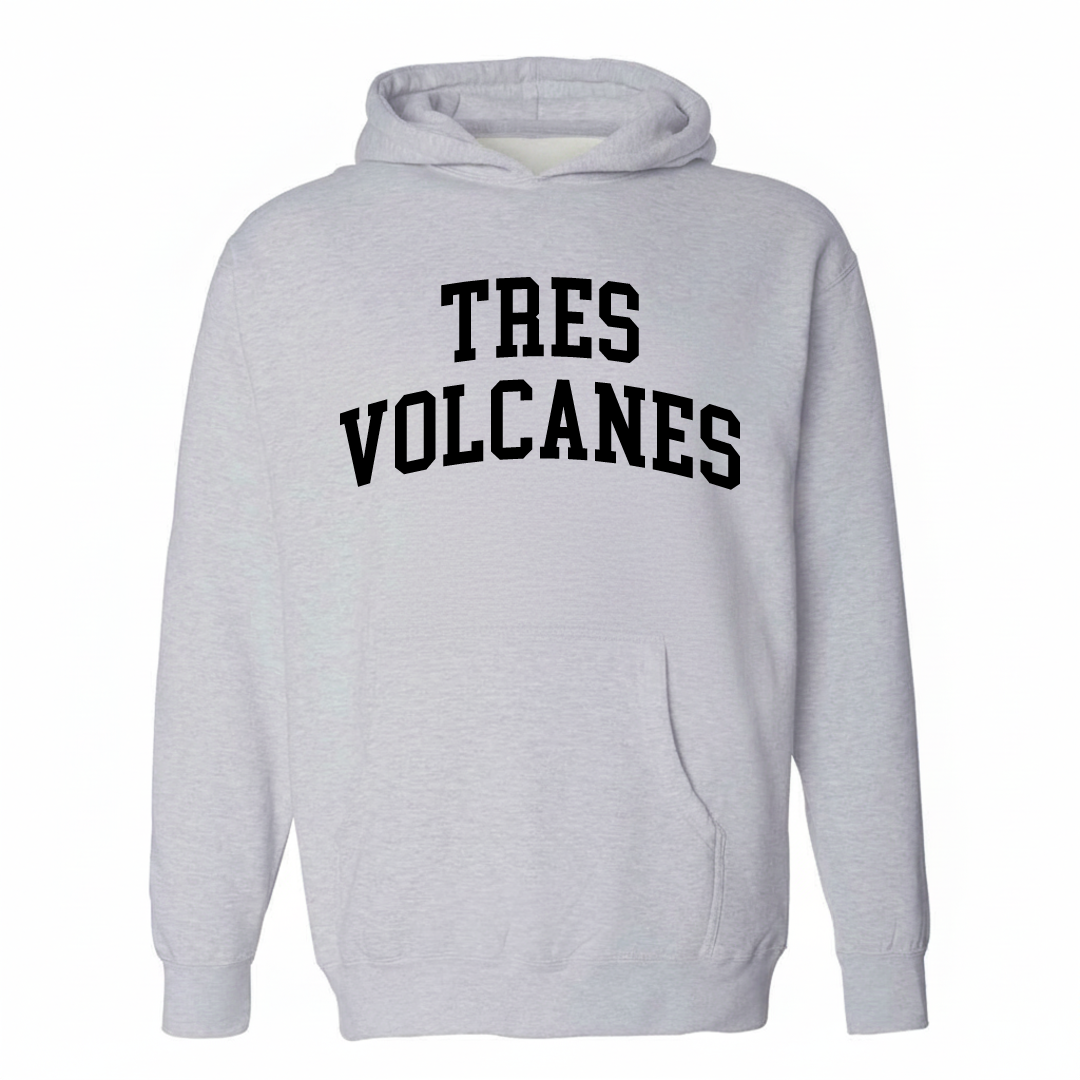 Heather-gray hoodie with the Tres Volcanes varsity arched lettering design on the chest.