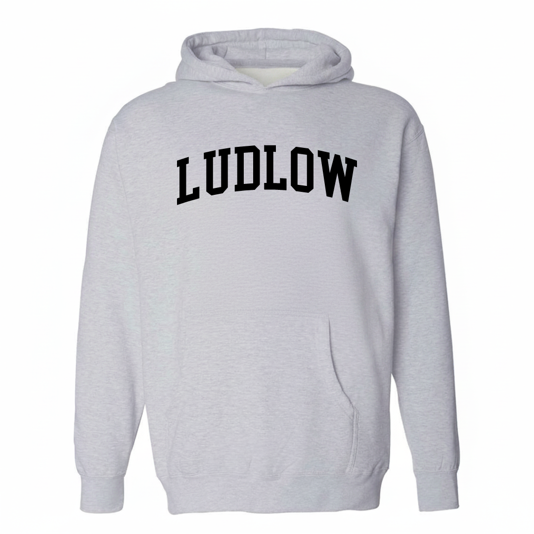 Heather-gray hoodie with the Ludlow arched varsity lettering design on the chest.