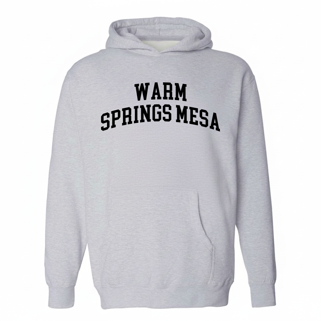 Heather-gray hoodie with the Warm Springs Mesa varsity arched lettering design on the chest.
