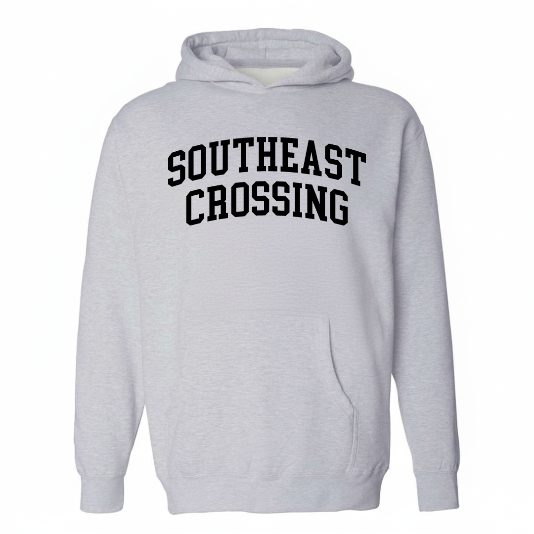 Heather-gray hoodie with the Southeast Crossing arched lettering design on the chest.