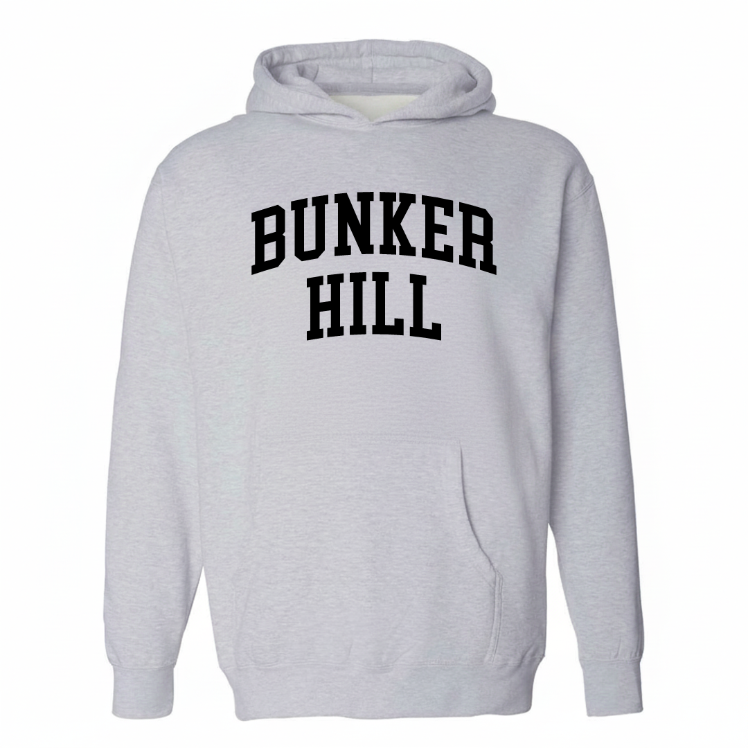 Heather-gray hoodie with the Bunker Hill varsity arched lettering design on the chest.