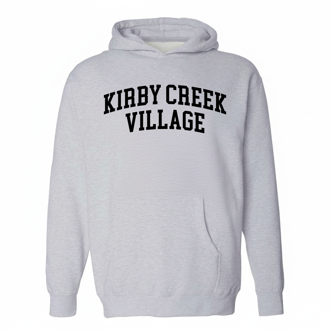 Heather-gray hoodie with the Kirby Creek Village varsity arched lettering design on the chest.