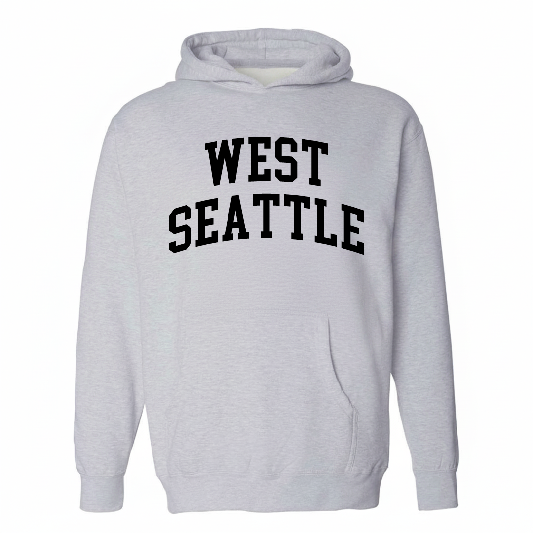 Heather-gray hoodie with the West Seattle varsity arched lettering design on the chest.