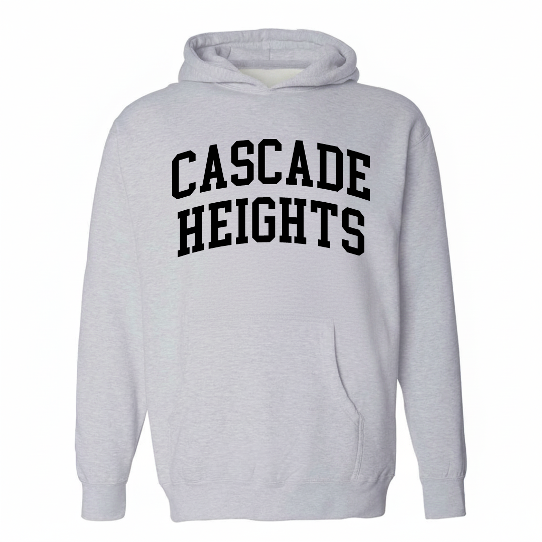 Heather-gray hoodie with the Cascade Heights varsity arched lettering design on the chest.