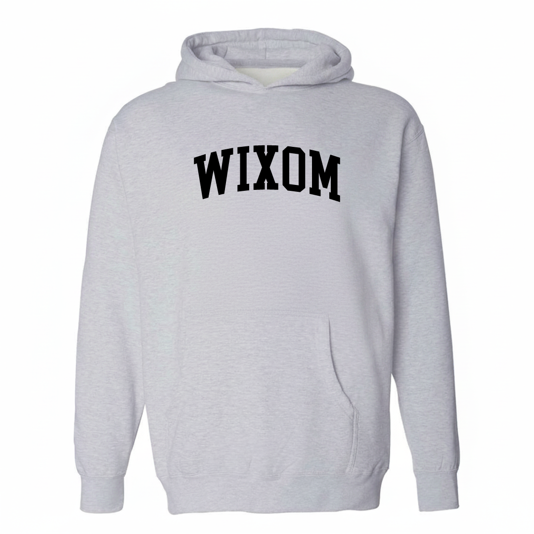 Heather-gray hoodie with the Wixom arched lettering varsity-collegiate design on the chest.
