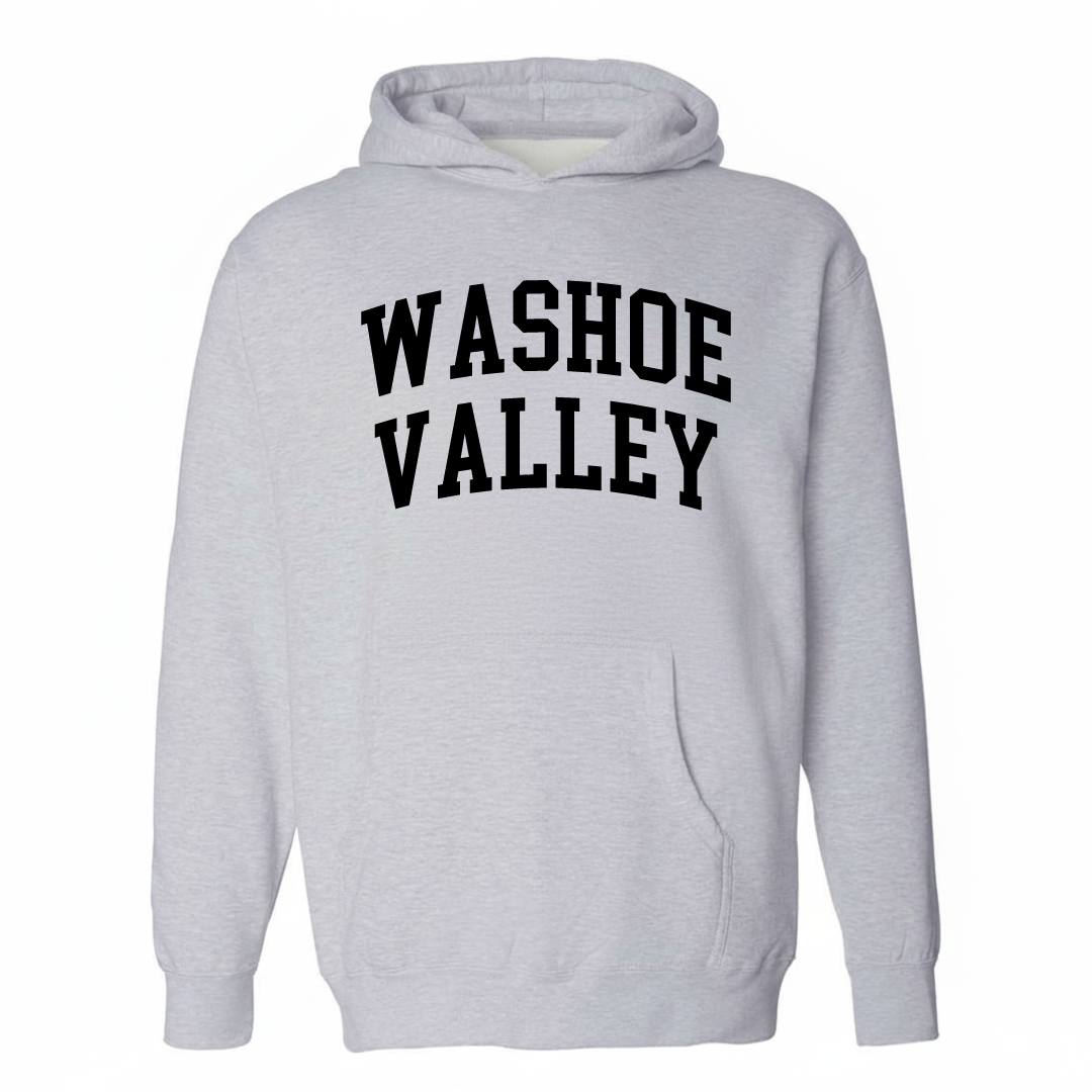 Heather-gray hoodie with the Washoe Valley varsity arched lettering design on the chest.