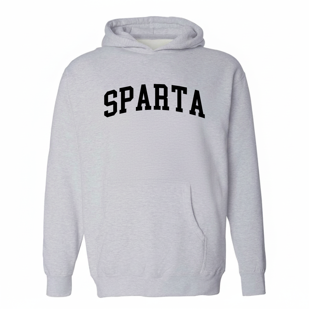 Heather-gray hoodie with the Sparta, NC varsity arched lettering design on the chest.