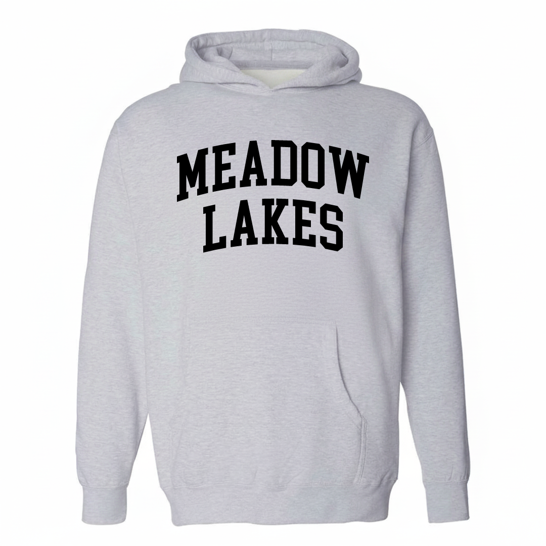 Heather-gray hoodie with the Meadow Lakes varsity arched lettering design on the chest.