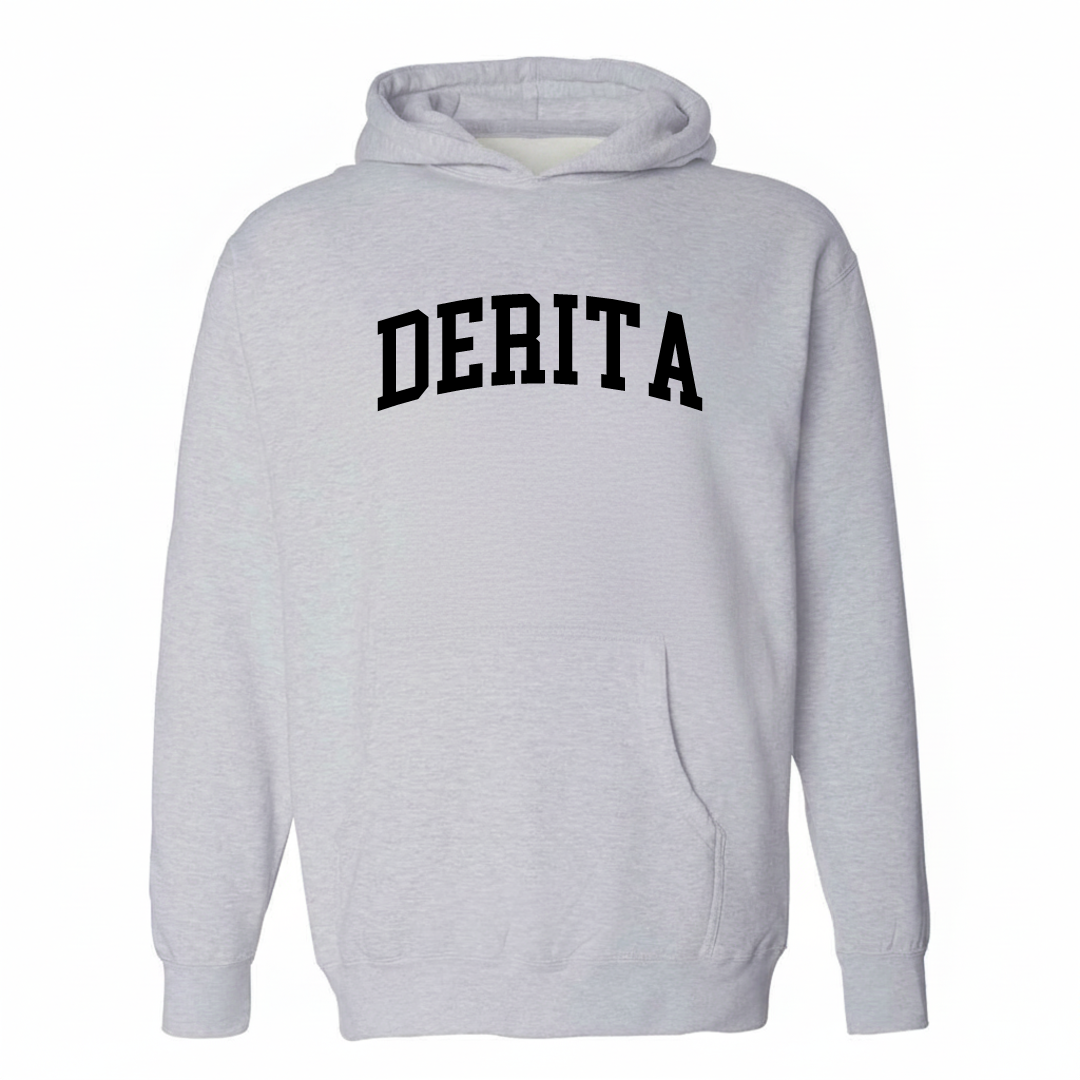 Heather-gray hoodie with the Derita varsity arched lettering design on the chest.