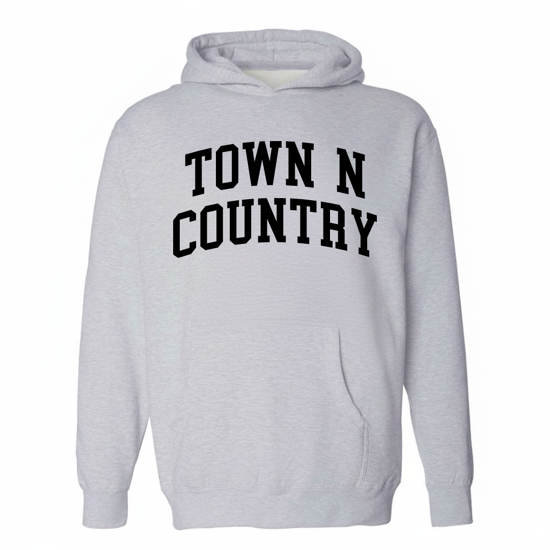 Heather-gray hoodie with the Town 'n' Country varsity arched lettering design on the chest.