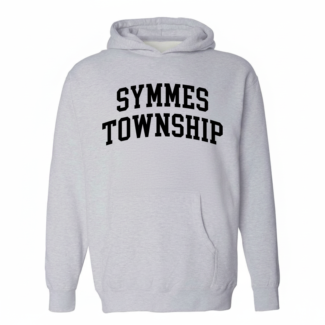 Heather-gray hoodie with the Symmes Township varsity arched lettering design on the chest.