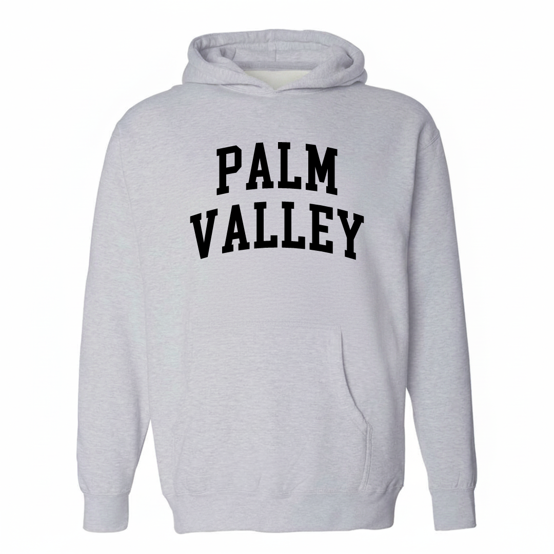 Heather-gray hoodie with the Palm Valley varsity arched lettering design on the chest.