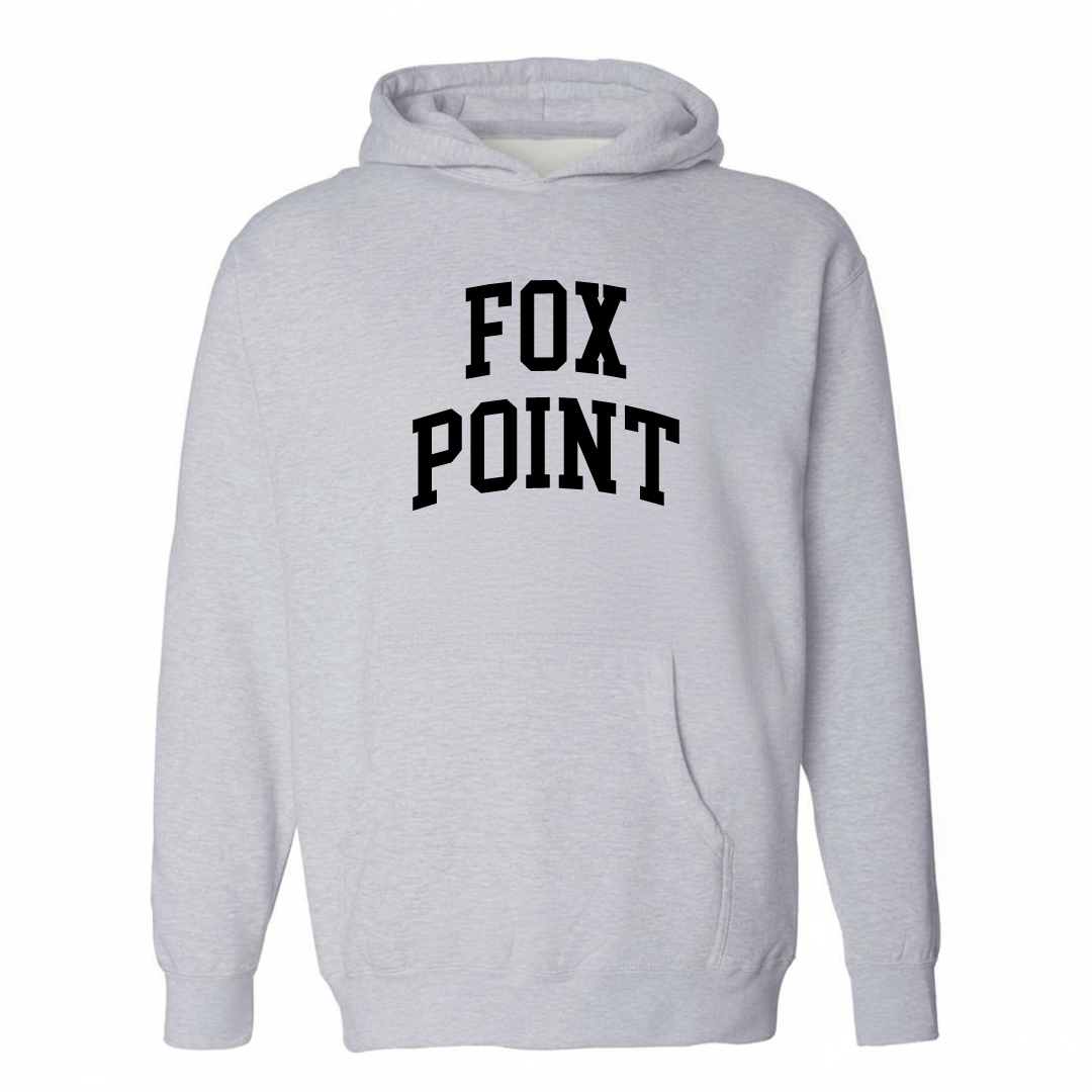 Heather-gray hoodie with the Fox Point arched lettering design on the chest.